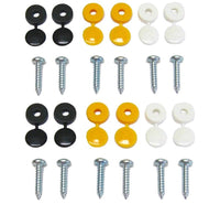 Load image into Gallery viewer, 12 x NUMBER PLATE CAR FIXING FITTING KIT SCREWS &amp; CAPS HINGED BLACK YELLOW WHITE
