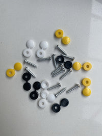 Load image into Gallery viewer, 12 x NUMBER PLATE CAR FIXING FITTING KIT SCREWS &amp; CAPS HINGED BLACK YELLOW WHITE
