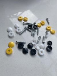 Load image into Gallery viewer, 12 x NUMBER PLATE CAR FIXING FITTING KIT SCREWS &amp; CAPS HINGED BLACK YELLOW WHITE
