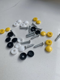 Load image into Gallery viewer, 12 x NUMBER PLATE CAR FIXING FITTING KIT SCREWS &amp; CAPS HINGED BLACK YELLOW WHITE
