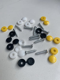 Load image into Gallery viewer, 12 x NUMBER PLATE CAR FIXING FITTING KIT SCREWS &amp; CAPS HINGED BLACK YELLOW WHITE
