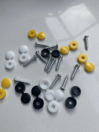 Load image into Gallery viewer, 12 x NUMBER PLATE CAR FIXING FITTING KIT SCREWS &amp; CAPS HINGED BLACK YELLOW WHITE
