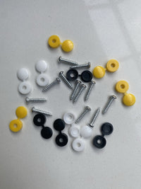 Load image into Gallery viewer, 12 x NUMBER PLATE CAR FIXING FITTING KIT SCREWS &amp; CAPS HINGED BLACK YELLOW WHITE
