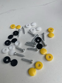 Load image into Gallery viewer, 12 x NUMBER PLATE CAR FIXING FITTING KIT SCREWS &amp; CAPS HINGED BLACK YELLOW WHITE
