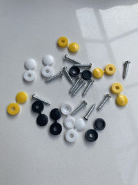 Load image into Gallery viewer, 12 x NUMBER PLATE CAR FIXING FITTING KIT SCREWS &amp; CAPS HINGED BLACK YELLOW WHITE

