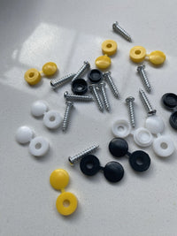 Load image into Gallery viewer, 12 x NUMBER PLATE CAR FIXING FITTING KIT SCREWS &amp; CAPS HINGED BLACK YELLOW WHITE
