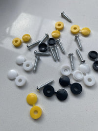 Load image into Gallery viewer, 12 x NUMBER PLATE CAR FIXING FITTING KIT SCREWS &amp; CAPS HINGED BLACK YELLOW WHITE
