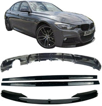 Load image into Gallery viewer, BMW F30 F31 GLOSS BLACK KIT 3 SERIES FRONT SPLITTER DIFFUSER SIDE SINGLE EXIT
