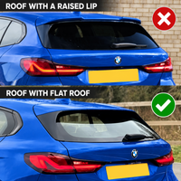 Load image into Gallery viewer, A before-and-after comparison of a blue BMW hatchback showing the rear trunk area. The top panel is labeled 'ROOF WITH A RAISED LIP' and has a red circle with a cross, indicating a raised lip spoiler that causes an issue.
