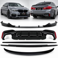 Load image into Gallery viewer, Gloss Black rear lip spoiler kit for a BMW sedan, shown with the full front and rear cars at the top and the detached spoiler components arranged below on a white background.
